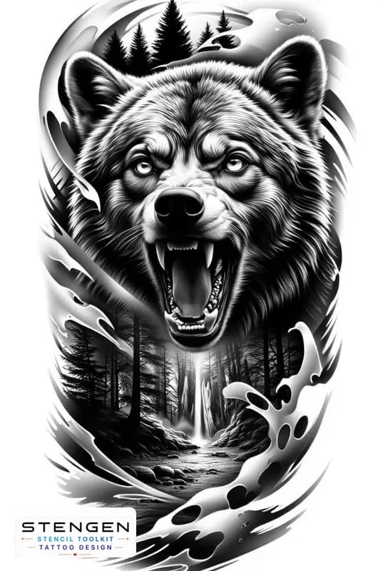 Hyper realistic tattoo sketch of a bear roaring forest background mist details strong light and sha