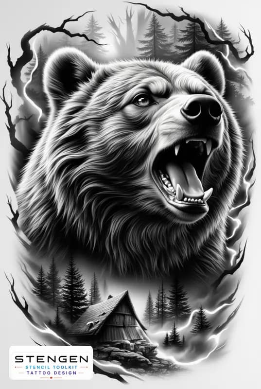 Hyper realistic tattoo sketch of a bear roaring forest background mist details strong light and sha