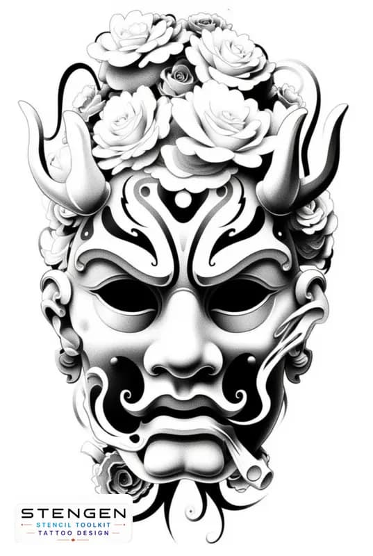 Japan oni mask tattoo design high contrastrealism white background