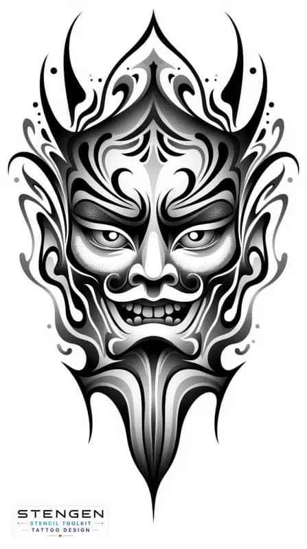 Japan oni mask tattoo design high contrastrealism white background