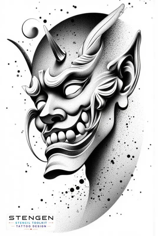 Japan oni mask tattoo design high contrastrealism white background