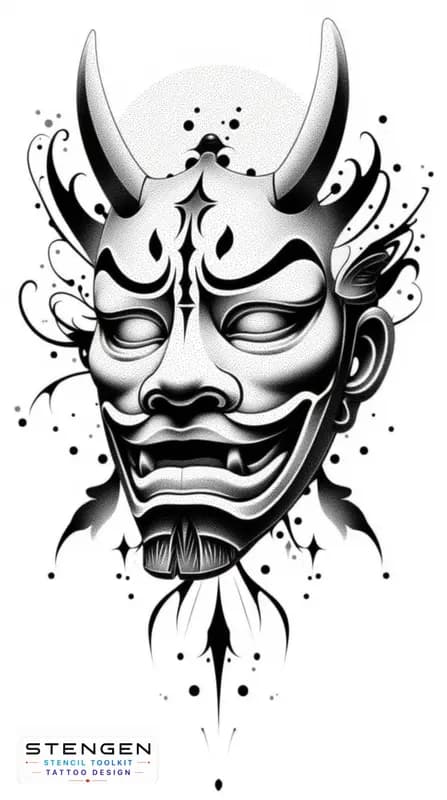 Japan oni mask tattoo design high contrastrealism white background