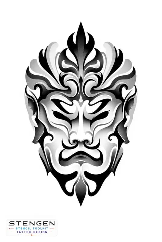 Japan oni mask tattoo design high contrastrealism white background