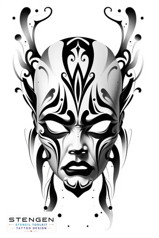 Japan oni mask tattoo design high contrastrealism white background