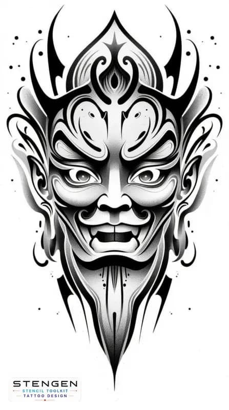 Japan oni mask tattoo design high contrastrealism white background