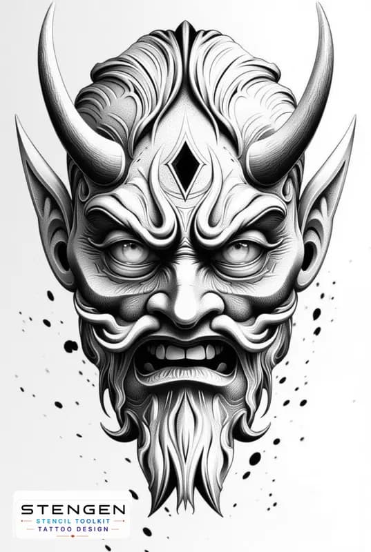 Japan oni mask tattoo design high contrastrealism white background