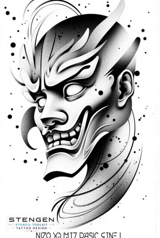 Japan oni mask tattoo design high contrastrealism white background
