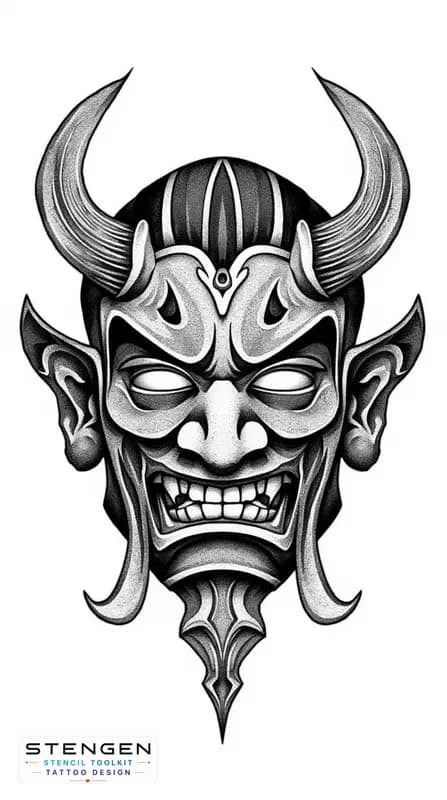 Japan oni mask tattoo design high contrastrealism white background