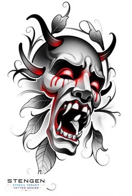 Japanese hannya mask oni mask with glowing red eyes exaggerated horns stylized fangs and aggressiv tattoo design