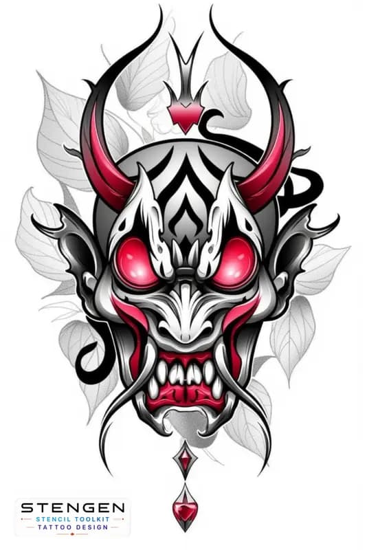 Japanese hannya mask oni mask with glowing red eyes exaggerated horns stylized fangs and aggressiv tattoo design