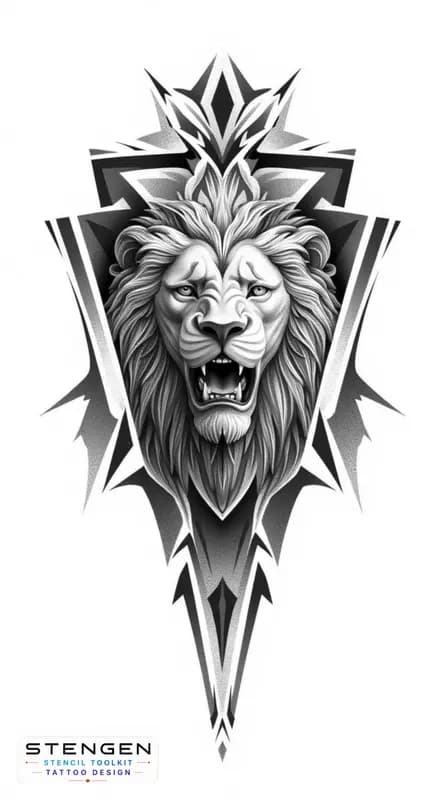 Lion tattoo design with geometric elements high contrastrealism white background