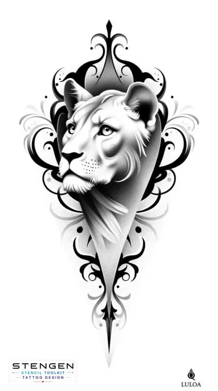 Lion tattoo design with geometric elements high contrastrealism white background