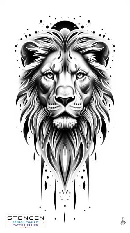 Lion tattoo design with geometric elements high contrastrealism white background