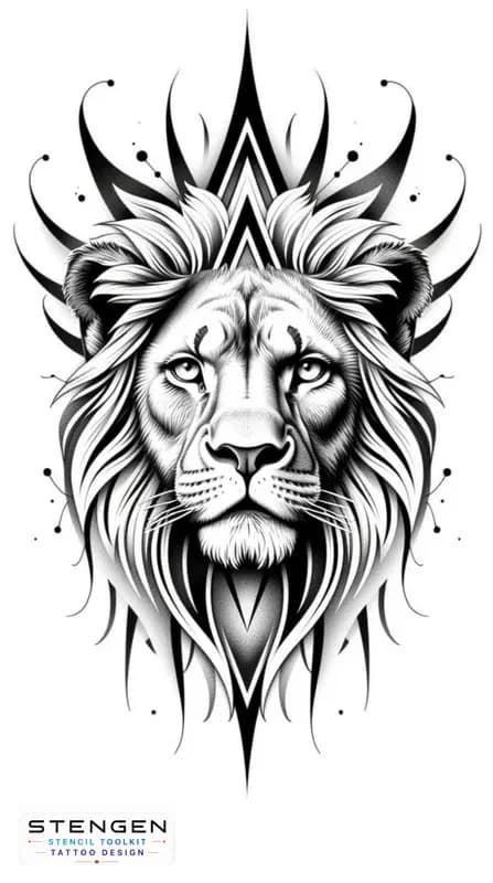 Lion tattoo design with geometric elements high contrastrealism white background