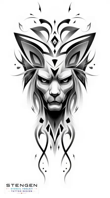 Lion tattoo design with geometric elements high contrastrealism white background