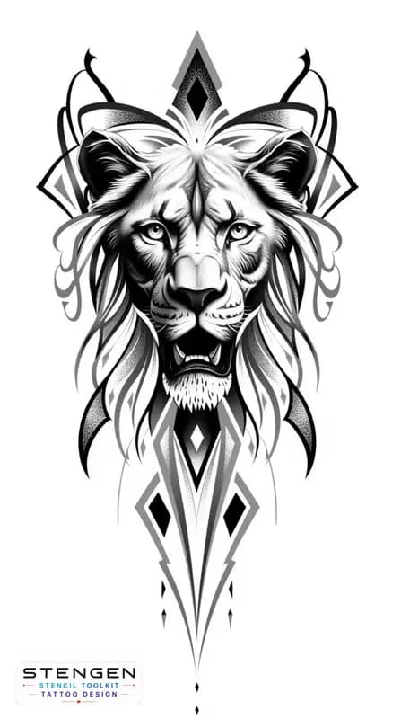 Lion tattoo design with geometric elements high contrastrealism white background