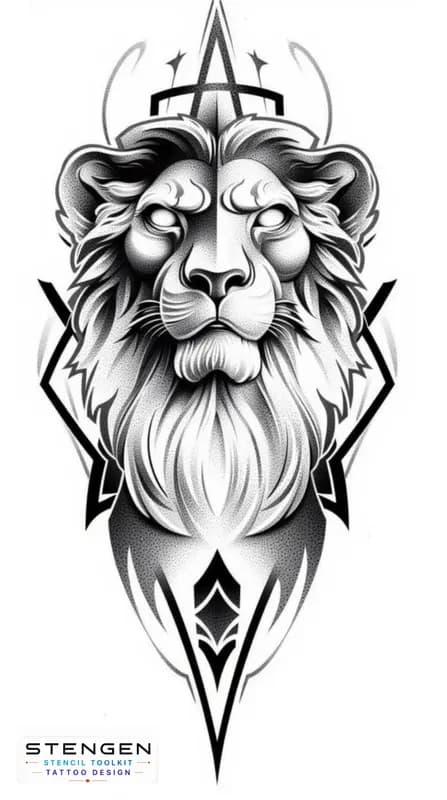 Lion tattoo design with geometric elements high contrastrealism white background