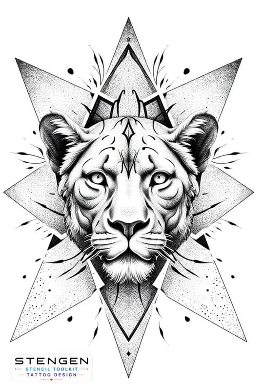 Highly detailed lion tattoo design symmetrical geometric shapes around the head black and grey ink