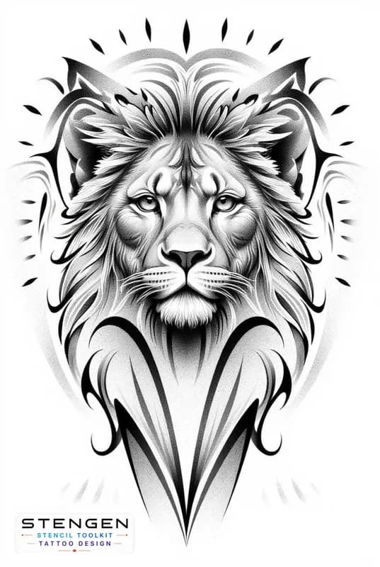 Highly detailed lion tattoo design symmetrical geometric shapes around the head black and grey ink