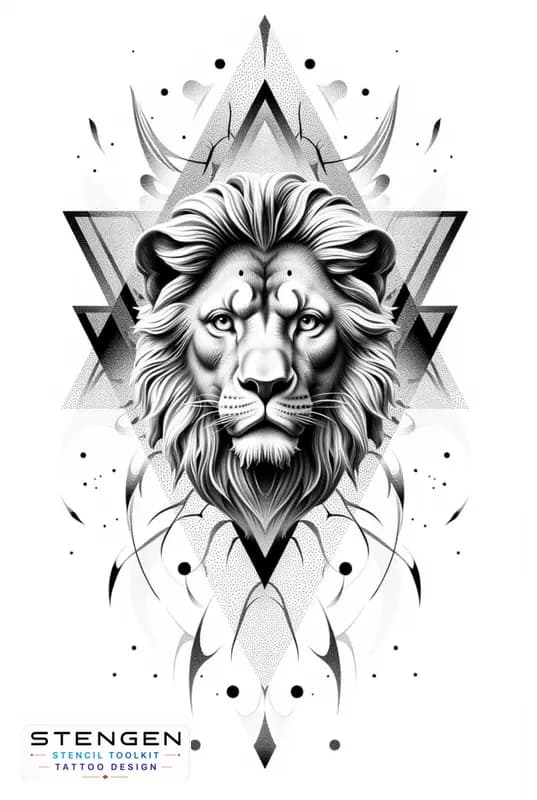 Highly detailed lion tattoo design symmetrical geometric shapes around the head black and grey ink