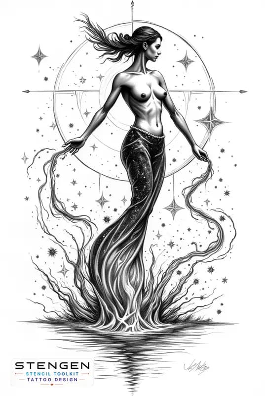 Majestic aquarius tattoo design fine line art black and white the water bearer in a dynamic pose po
