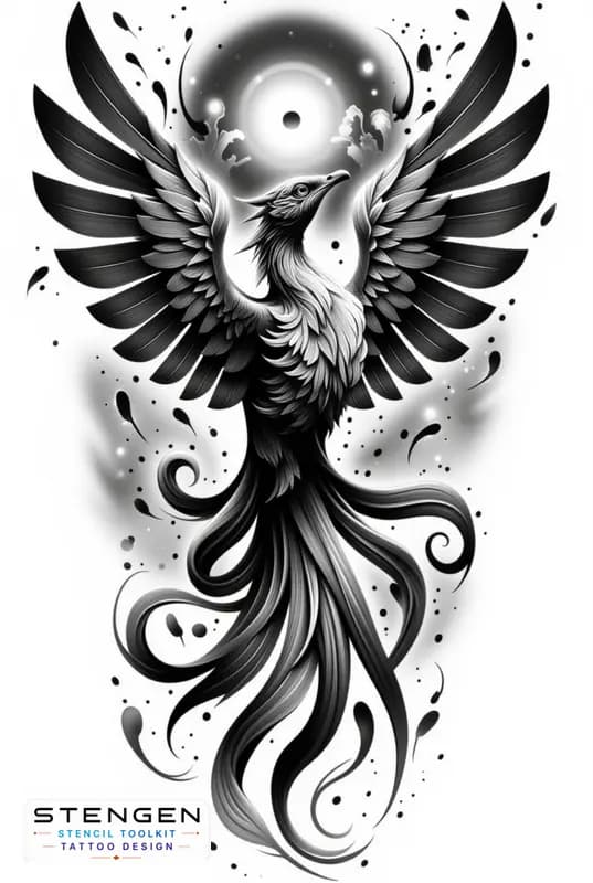 A majestic phoenix tattoo design in black and grey wings fully spread wide in flight extremely long