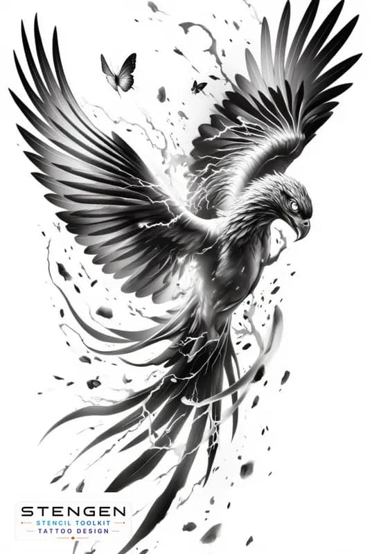 A majestic phoenix tattoo design in black and grey wings fully spread wide in flight extremely long