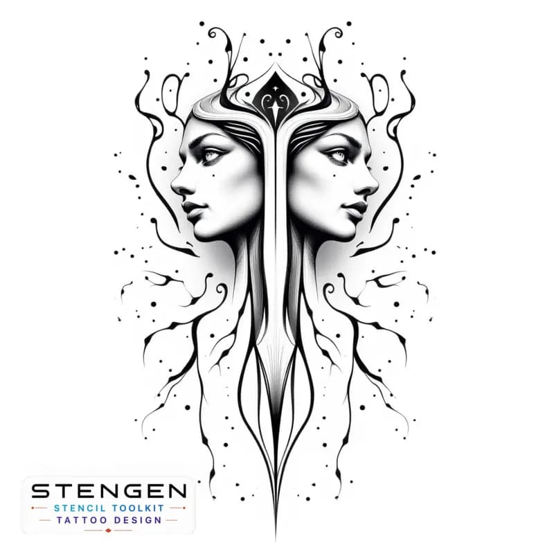Minimalist gemini zodiac tattoo design fine line art black and white twin faces merging with abstra