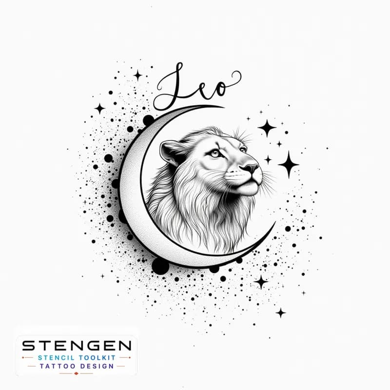 Minimalist leo tattoo design fine line art black and white elegant lion silhouette intertwined with