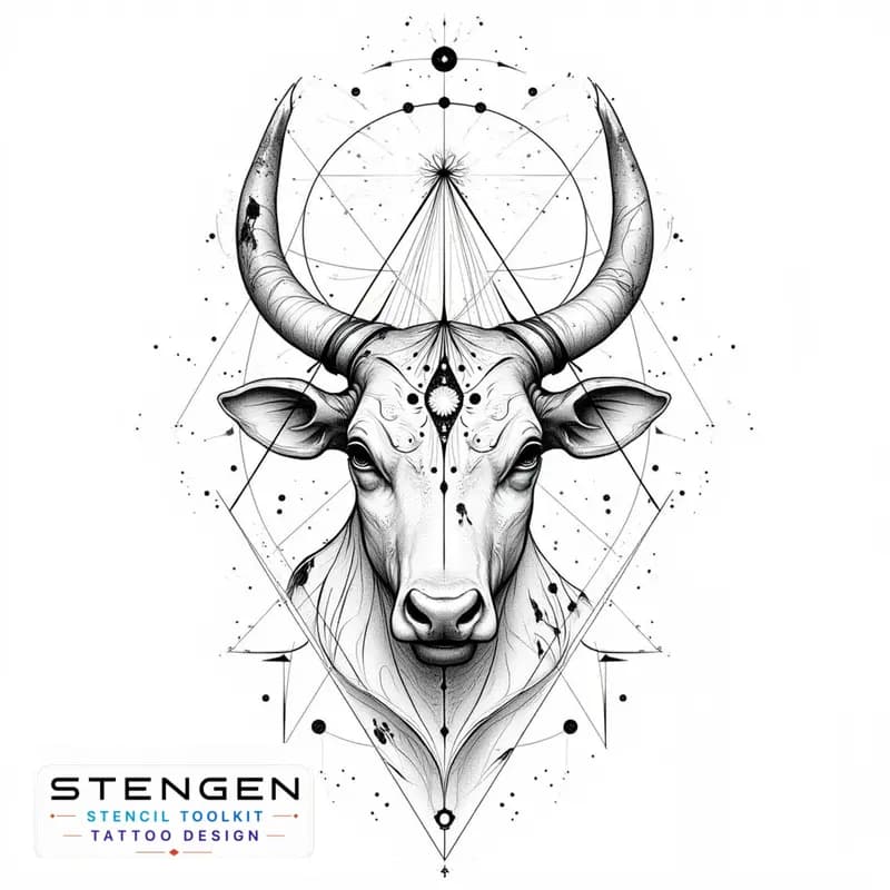 Minimalist taurus tattoo design fine line art black and white bull head with floral and celestial d