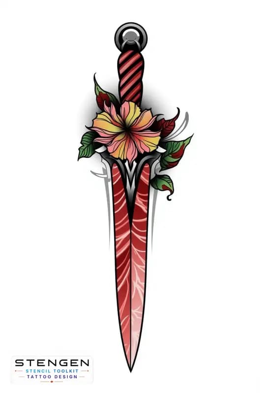 Neo traditional tattoo vibrant color palette a dagger with flowers bold outlines high contrast det
