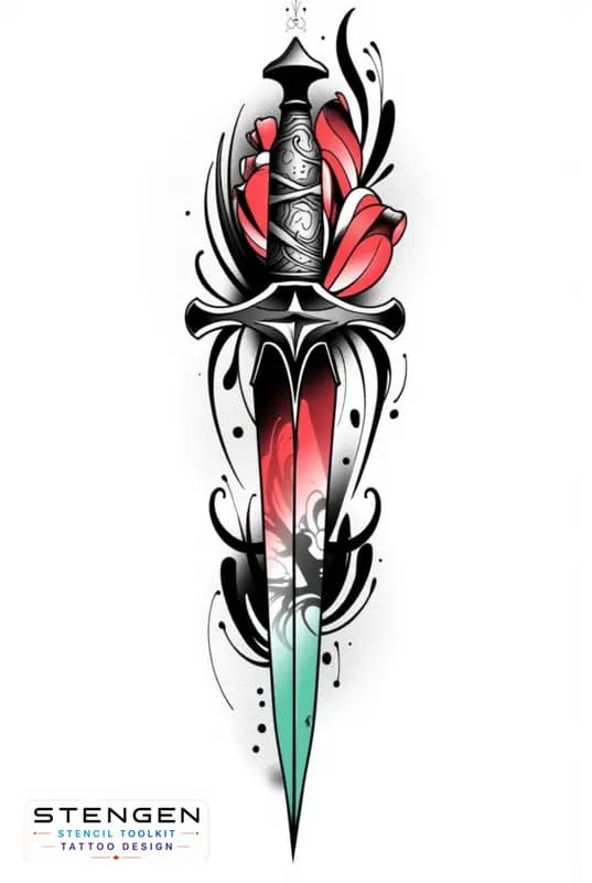 Neo traditional tattoo vibrant color palette a dagger with flowers bold outlines high contrast det