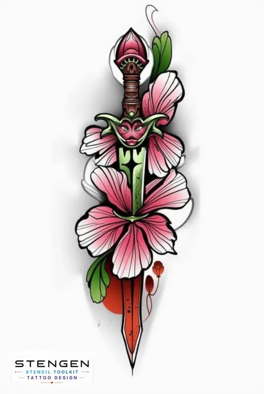 Neo traditional tattoo vibrant color palette a dagger with flowers bold outlines high contrast det