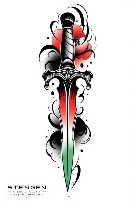Neo traditional tattoo vibrant color palette a dagger with flowers bold outlines high contrast det