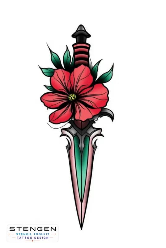 Neo traditional tattoo vibrant color palette a dagger with flowers bold outlines high contrast det
