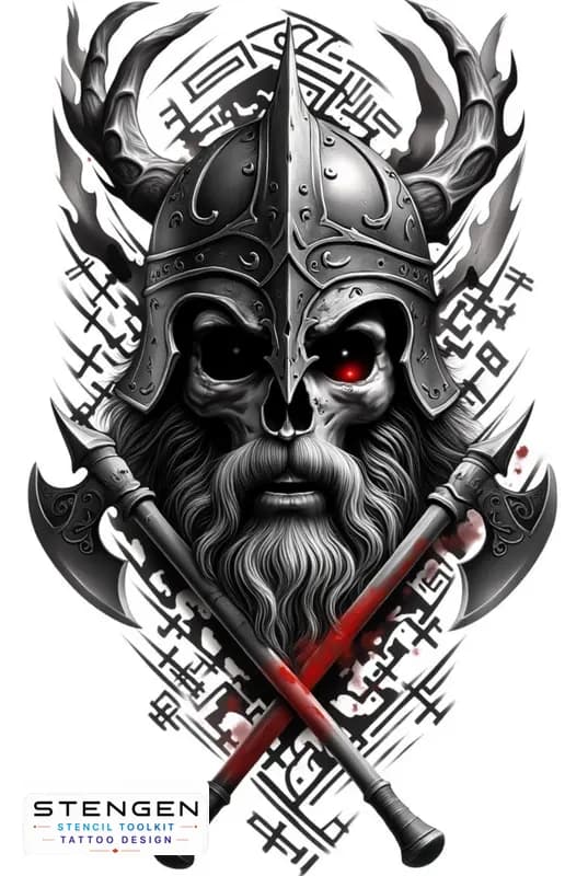 Tattoo design in neo traditional style of a viking skull wearing horned helmet surrounded by intert