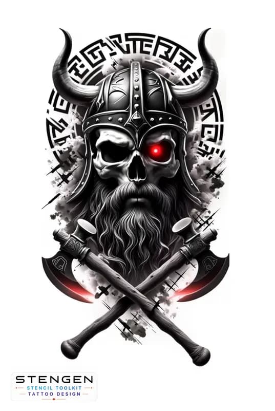 Tattoo design in neo traditional style of a viking skull wearing horned helmet surrounded by intert