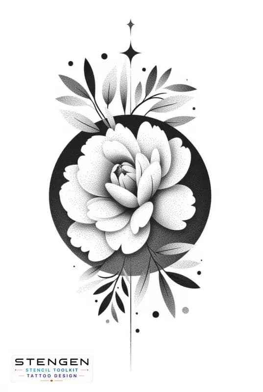 Peony tattoo design with geometric mandala white background