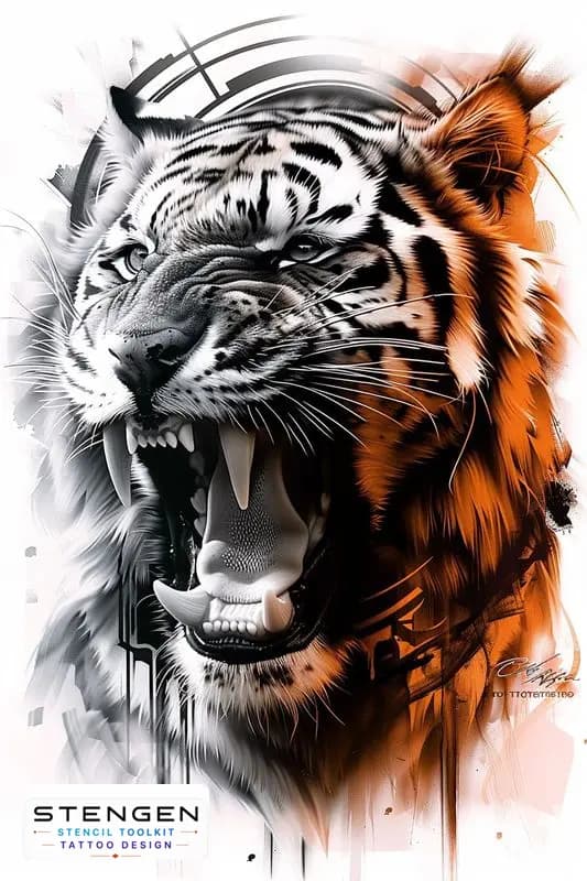 Roaring tiger trash polka tattoo design with orange accents