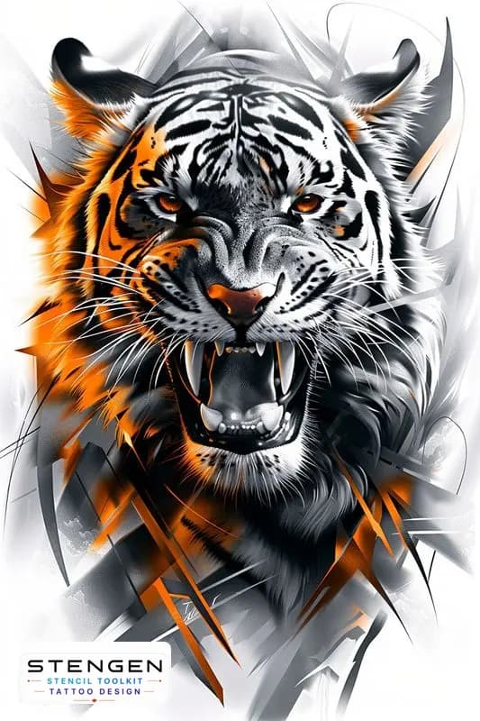 Roaring tiger tattoo design with orange color accents