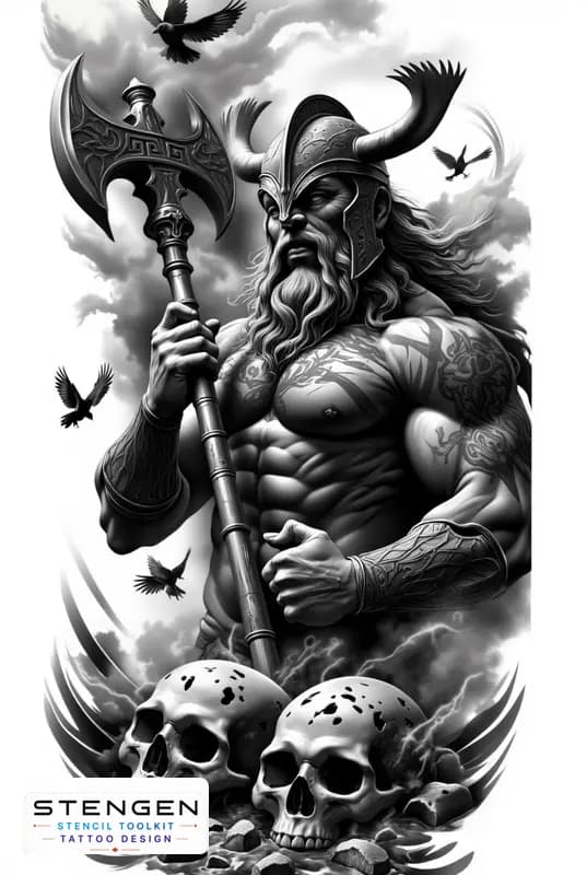 Realistic black and grey tattoo sketch of a brutal viking warrior holding a massive war hammer musc