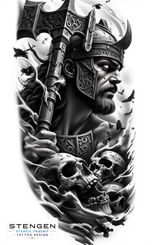 Realistic black and grey tattoo sketch of a brutal viking warrior holding a massive war hammer musc