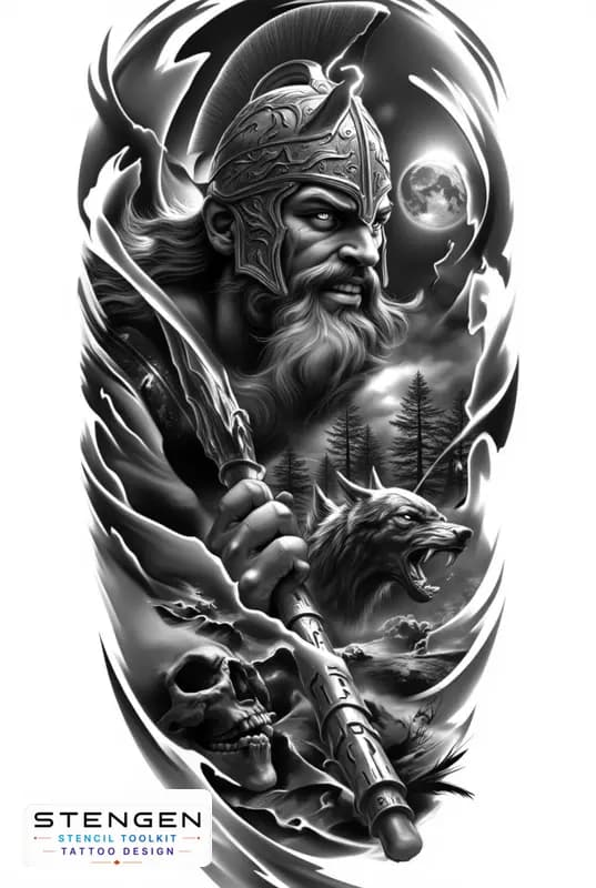 Realistic black and grey tattoo sketch of a brutal viking warrior holding a massive war hammer musc