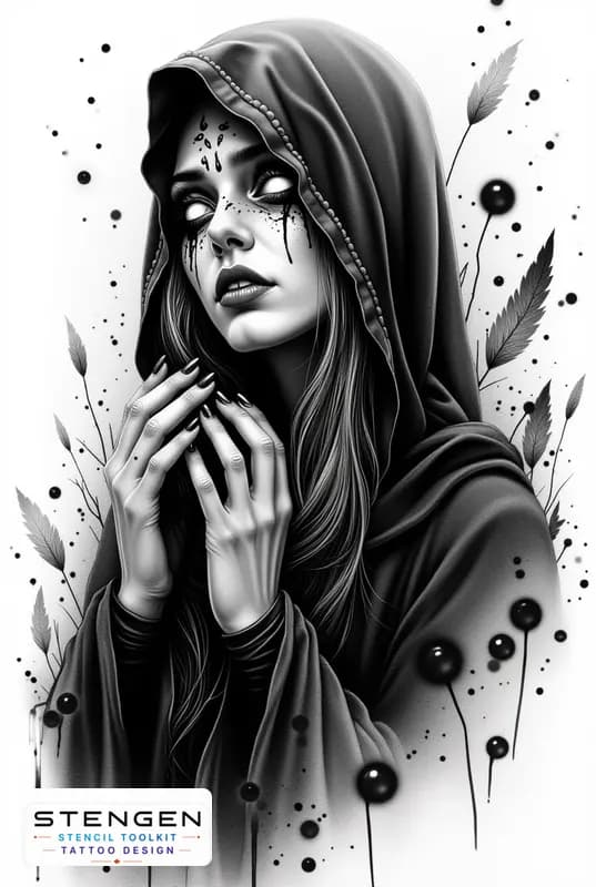 Realistic black and grey tattoo sketch of a mysterious witch with long hair and a hooded cloak her