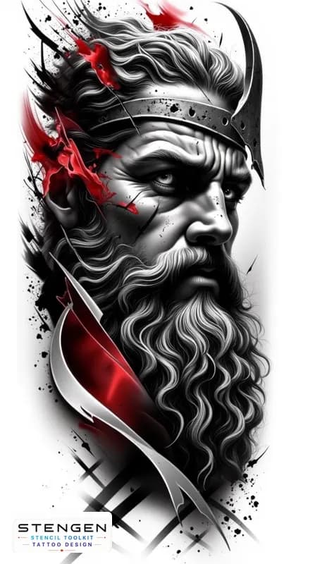 Realistic black and grey tattoo sketch of a powerful viking warrior in full armor with fur shoulder