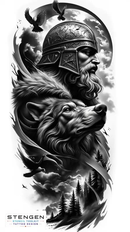 Realistic black and grey tattoo sketch of a powerful viking warrior in full armor with fur shoulder