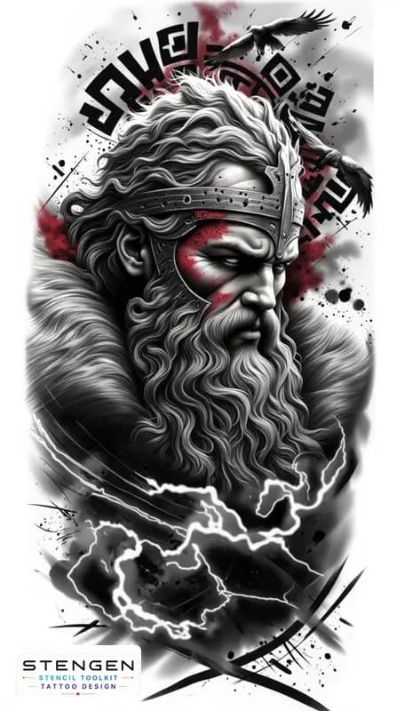 Realistic black and grey tattoo sketch of a powerful viking warrior in full armor with fur shoulder
