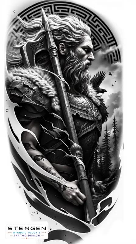 Realistic black and grey tattoo sketch of a powerful viking warrior in full armor with fur shoulder