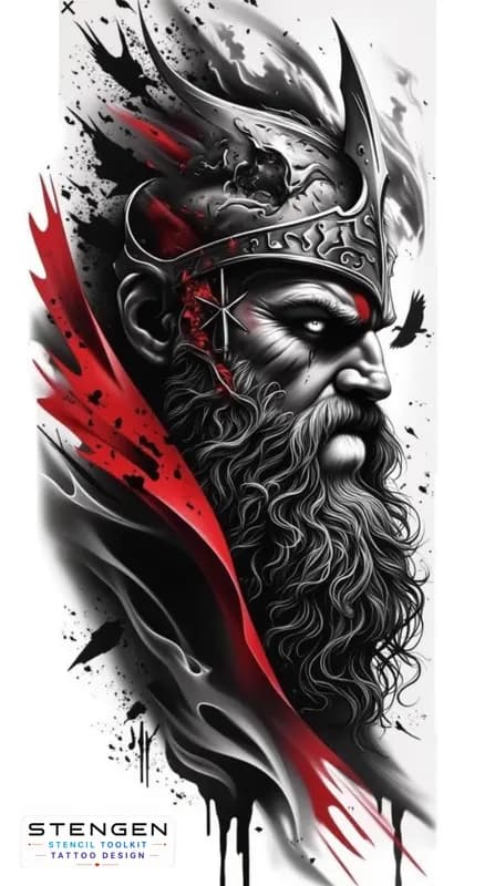 Realistic black and grey tattoo sketch of a powerful viking warrior in full armor with fur shoulder