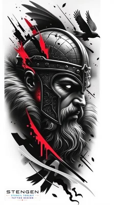 Realistic black and grey tattoo sketch of a powerful viking warrior in full armor with fur shoulder